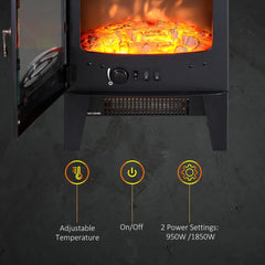 Black electric fireplace with open side panel and control knobs beneath the flame window.
