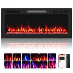 Black electric fireplace insert with bright red flame effect and color presets