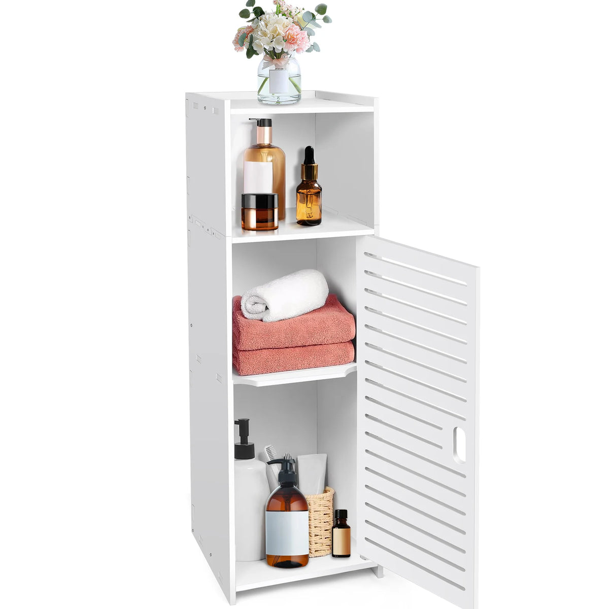 White bathroom floor storage cabinet with 3 shelves and hinged louvered door
