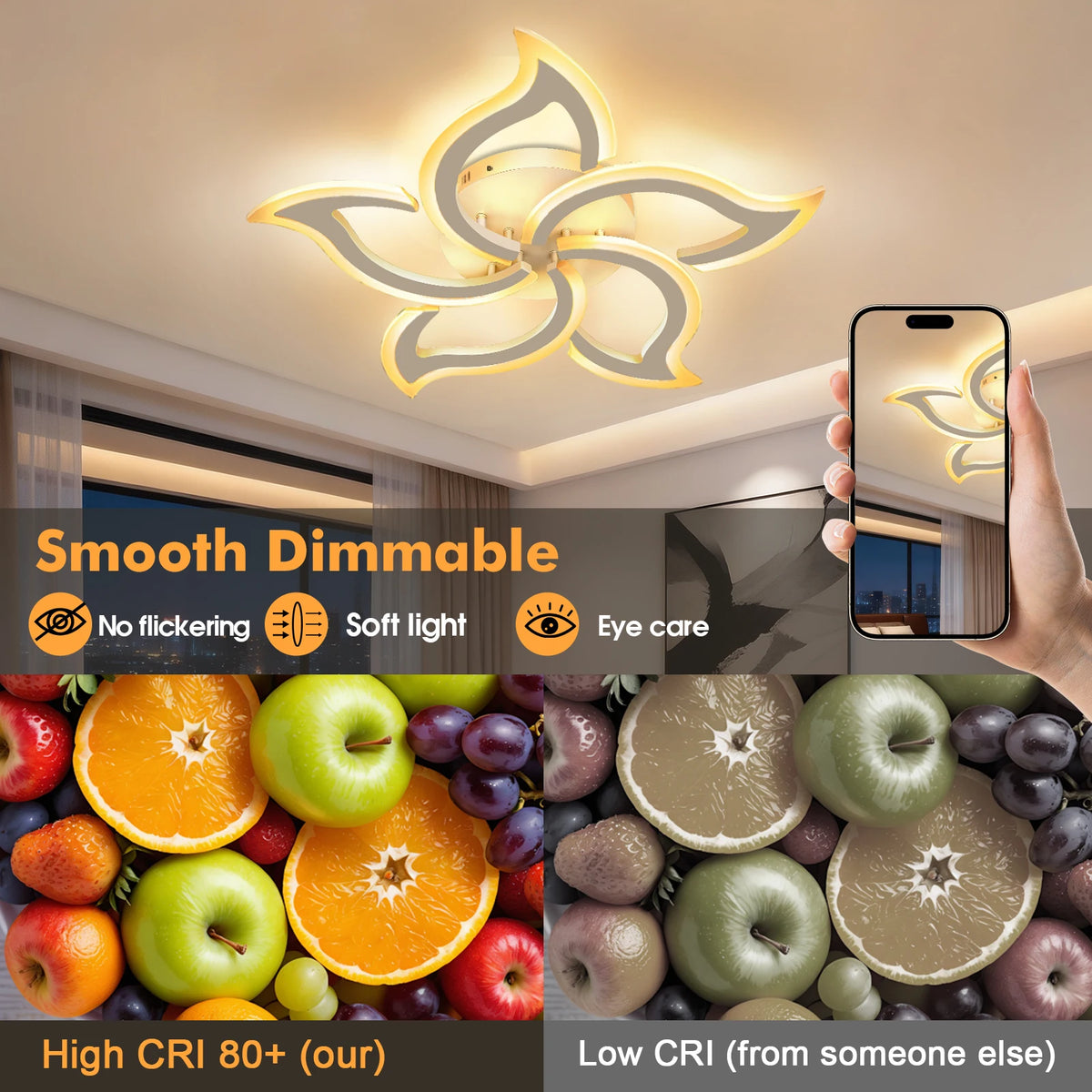 Flower-shaped LED ceiling light with smartphone controls and smooth dimming graphics
