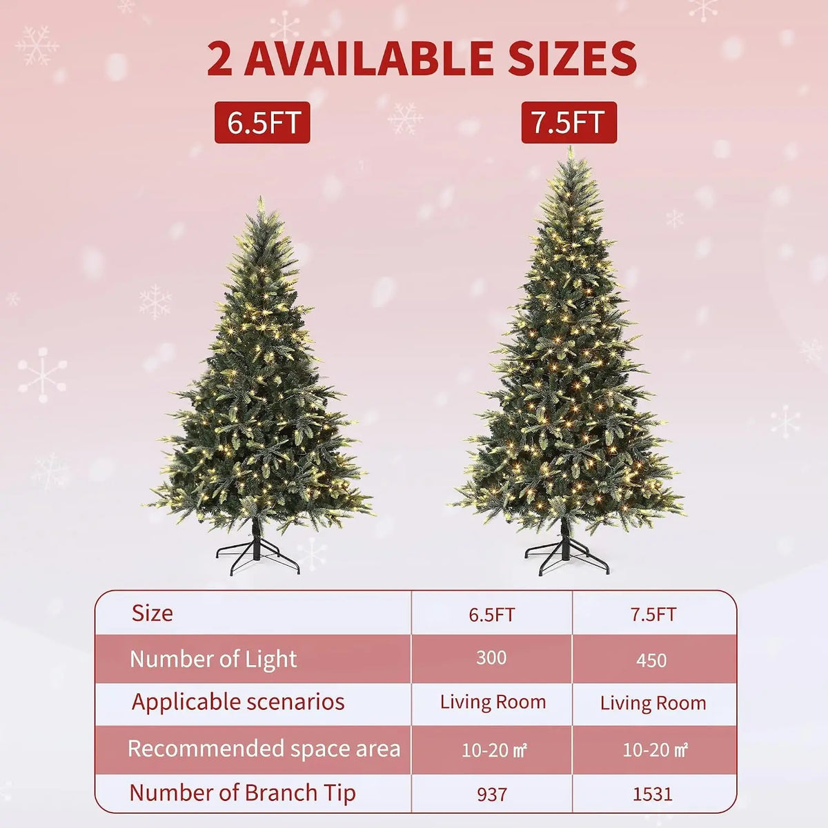 Prelit pencil Christmas tree size options (6.5 ft and 7.5 ft) with warm white lights