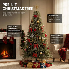 Pre-lit artificial Christmas tree with green branches, red ornaments, and sturdy metal stand
