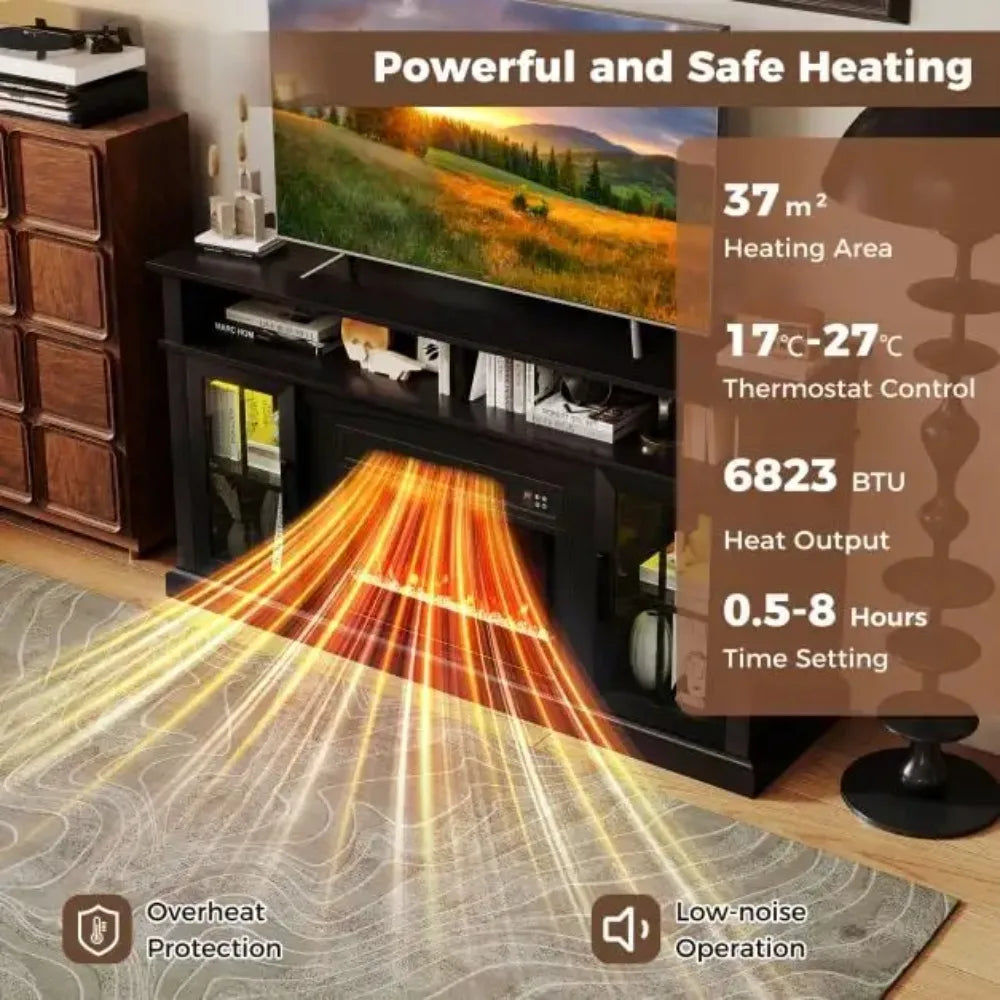 Black electric fireplace TV stand with glowing heat effect and safety/efficiency overlays.
