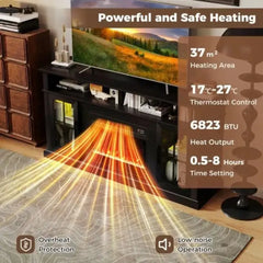 Black electric fireplace TV stand with glowing heat effect and safety/efficiency overlays.