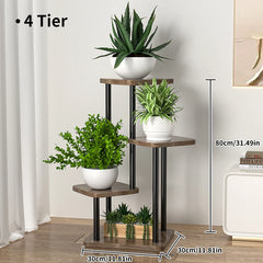 4-tier plant stand with brown shelves and black metal frame, potted succulents