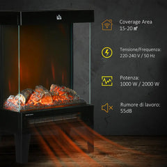 Black electric fireplace heater with tempered glass and glowing LED flame, side view