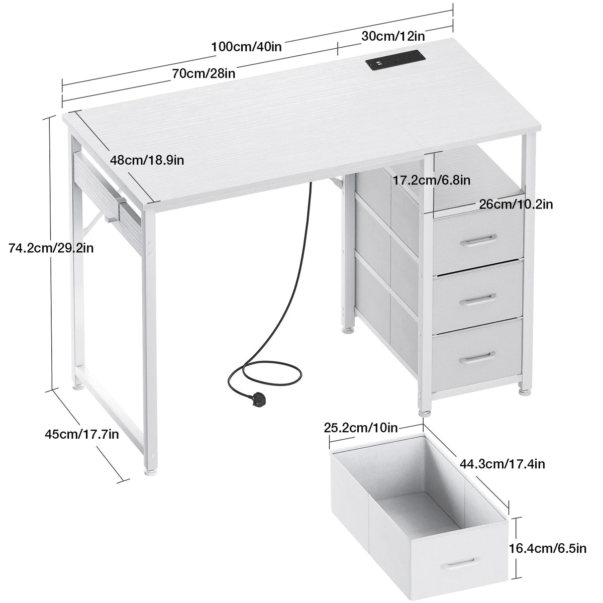 White desk with three-drawer pedestal and pull-out drawer, open under-desk storage