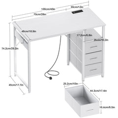White desk with three-drawer pedestal and pull-out drawer, open under-desk storage