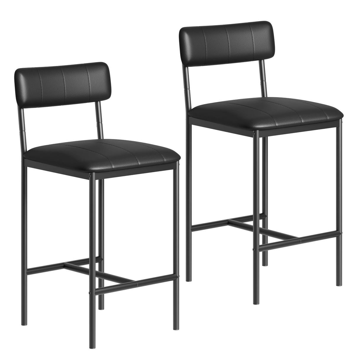 Two black upholstered bar stools with padded back and metal legs