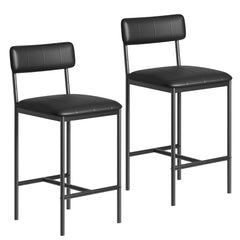 Two black upholstered bar stools with padded back and metal legs