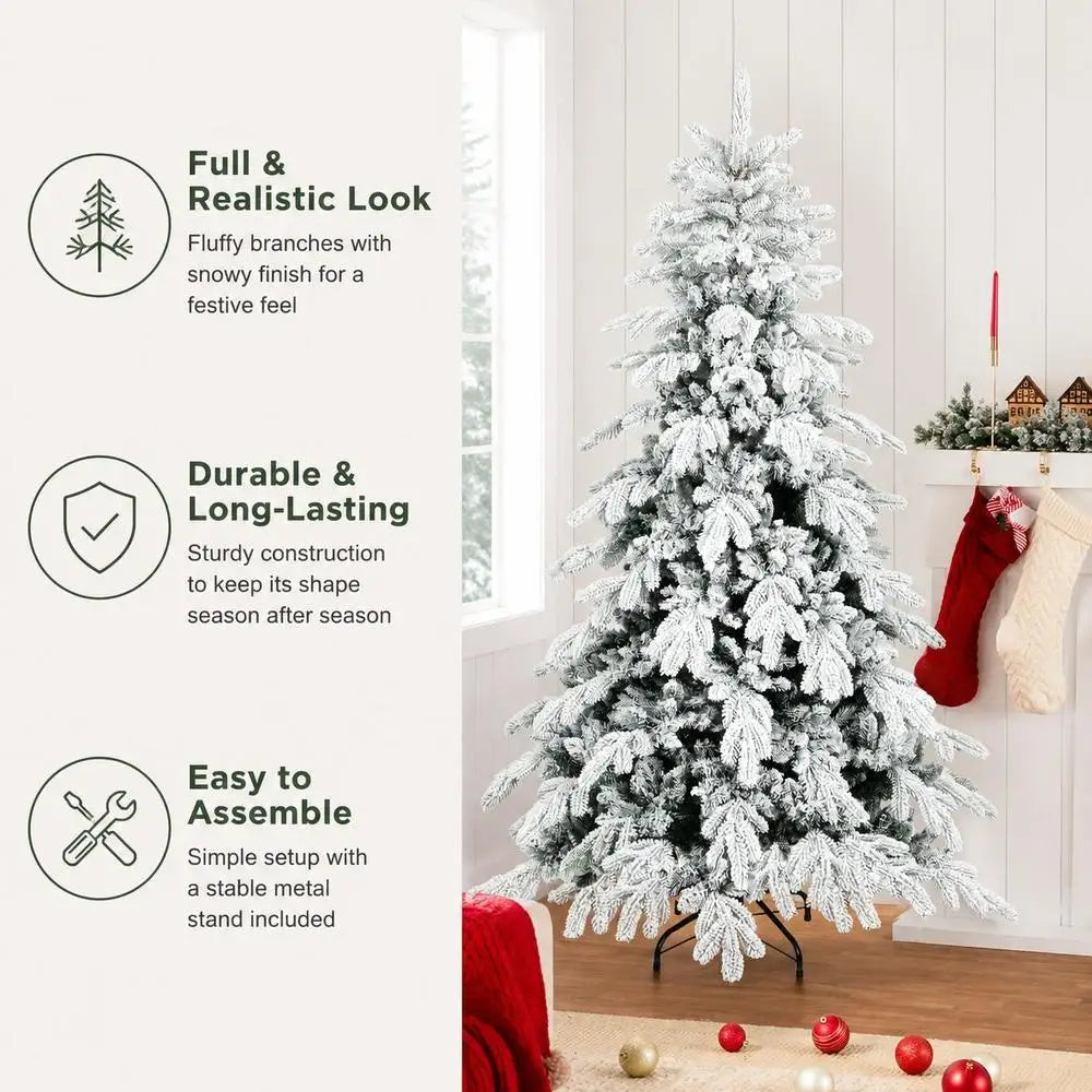 Flocked artificial Christmas tree with realistic snow texture and layered branches