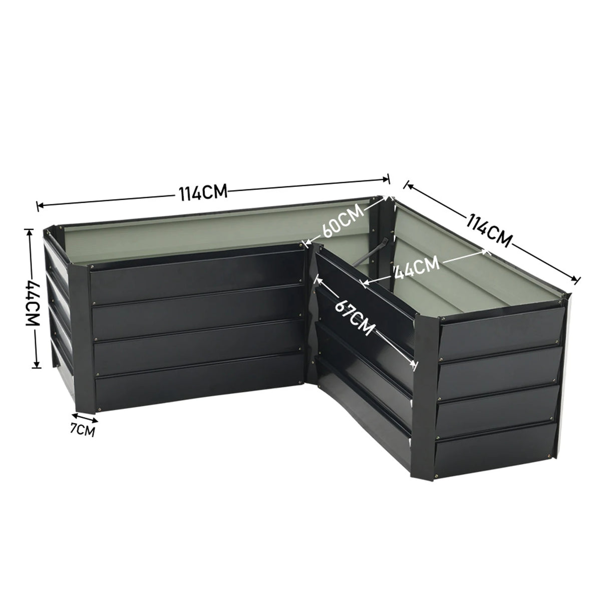 Charcoal black L-shaped metal raised garden bed; dimensions shown 114x114x74 cm