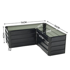 Charcoal black L-shaped metal raised garden bed; dimensions shown 114x114x74 cm
