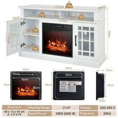 White fireplace TV stand with two side doors and central flame-effect window