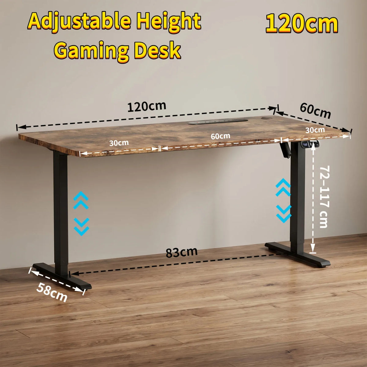 Height-adjustable gaming desk with dark wood top and black metal legs