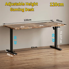 Height-adjustable gaming desk with dark wood top and black metal legs