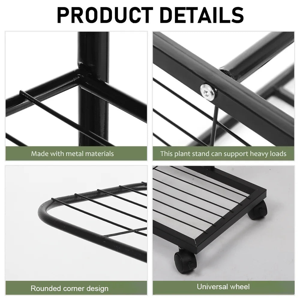 Black metal plant stand frame detail with slatted shelves and rounded corner design