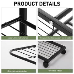 Black metal plant stand frame detail with slatted shelves and rounded corner design