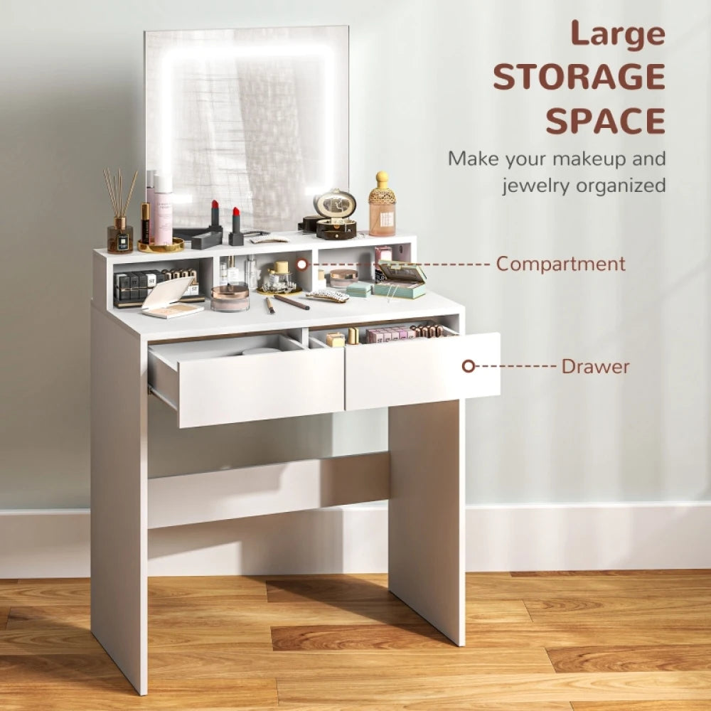 White makeup vanity desk with illuminated mirror, compartments, and large drawers