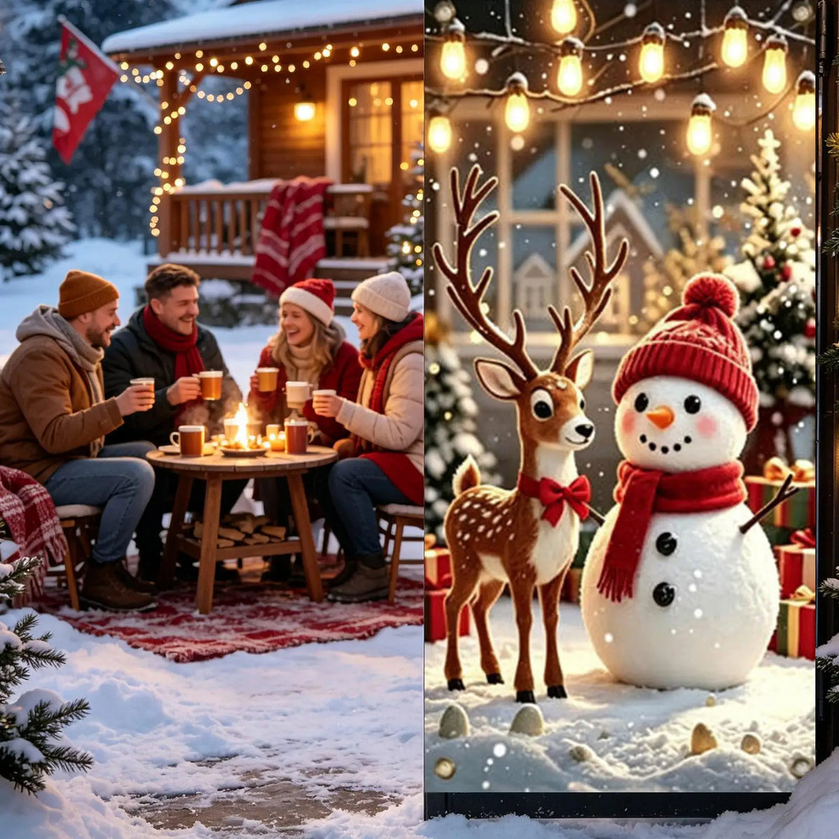 Christmas door banner panel with reindeer and snowman, string lights and snow