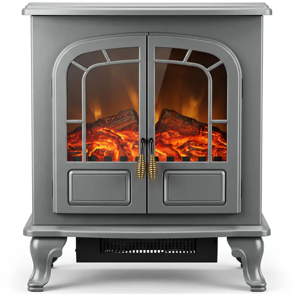 Grey electric fireplace stove heater with arched glass doors and bright LED flame logs
