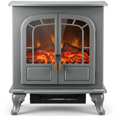 Grey electric fireplace stove heater with arched glass doors and bright LED flame logs