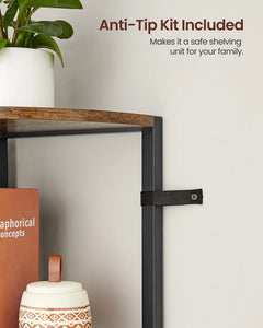 Black metal shelf anti-tip strap and corner bracket with wood-look top rail