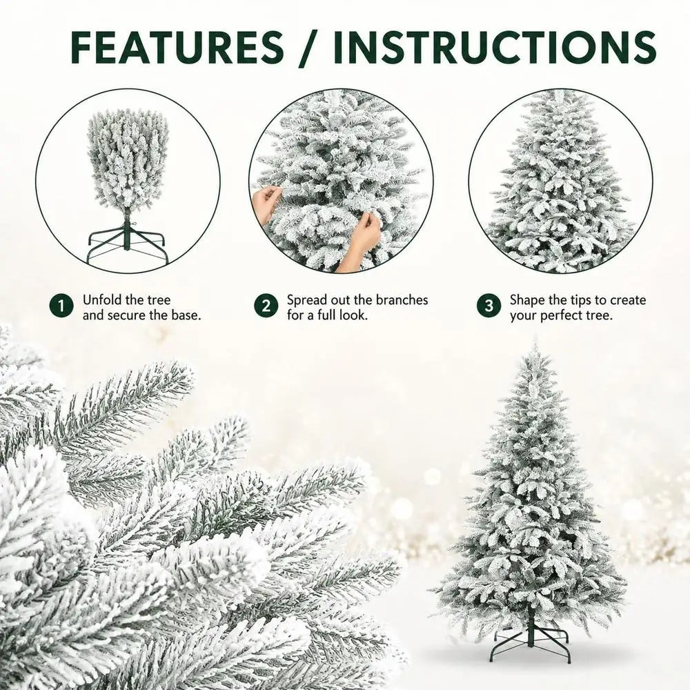 Artificial flocked Christmas tree with spreadable hinged branches on a metal stand