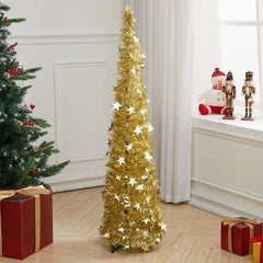 Gold collapsible tinsel Christmas tree with star topper and base, standing view.
