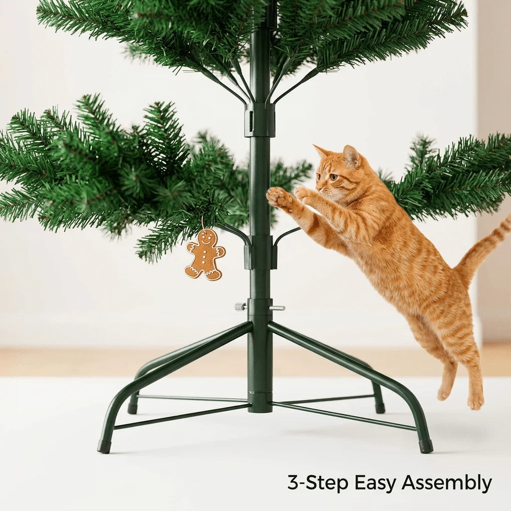 Artificial green Christmas tree on dark metal stand with hinged branches