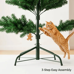 Artificial green Christmas tree on dark metal stand with hinged branches
