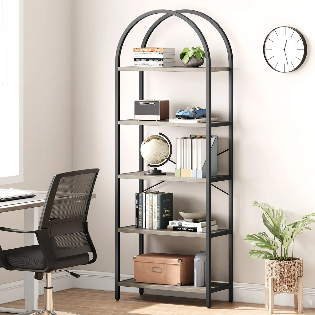 5-tier arched open bookcase with black metal frame and light wood shelves