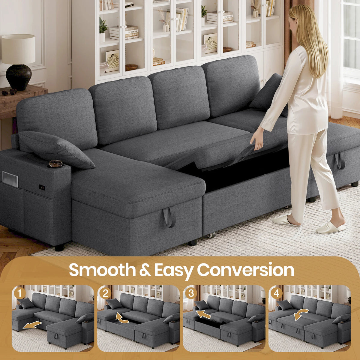 Dark grey fabric U-shaped sofa bed with pull-out sleeper and concealed storage drawers