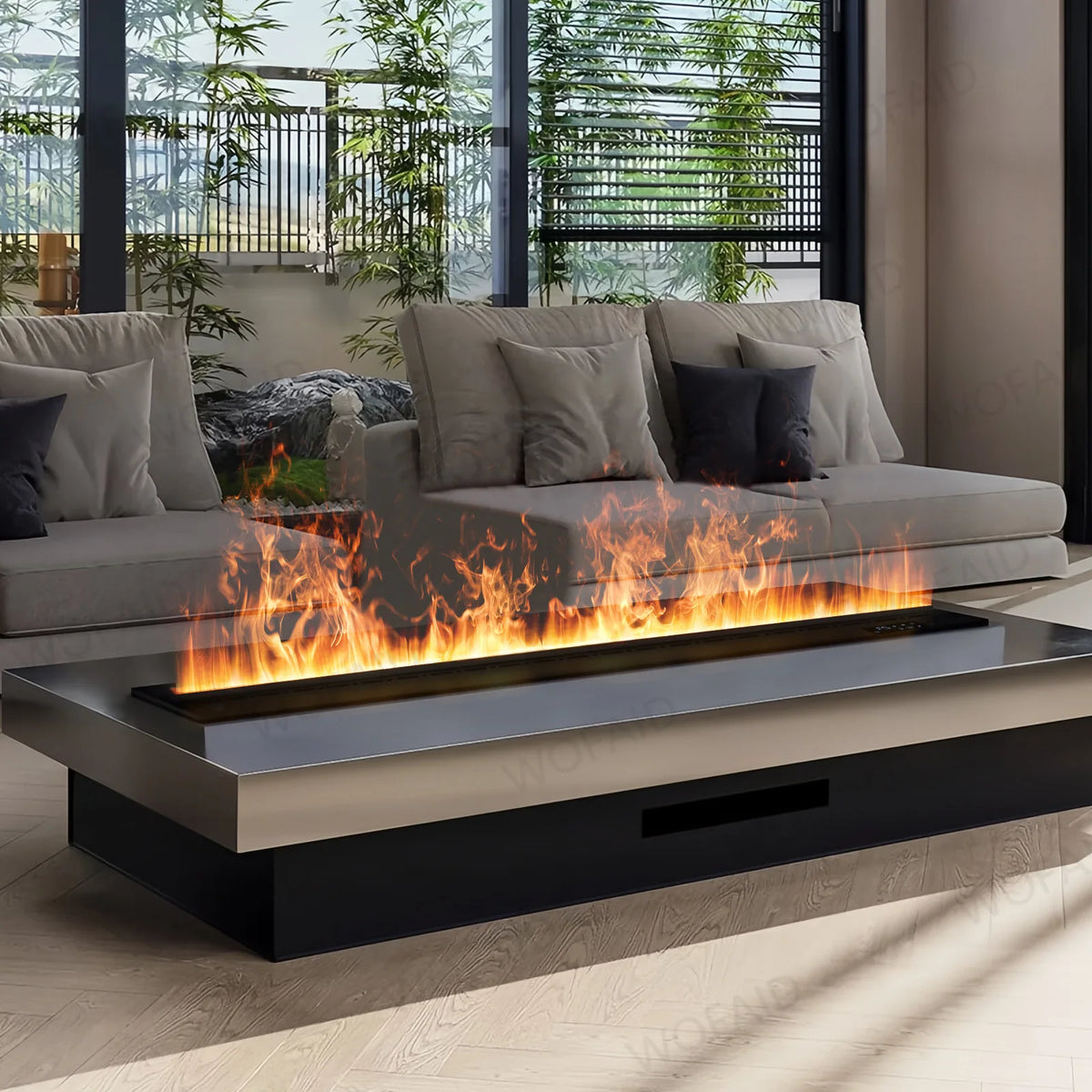 Black electric fireplace with flame effect set into a low rectangular base