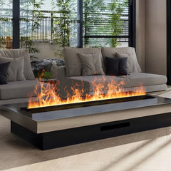 Black electric fireplace with flame effect set into a low rectangular base