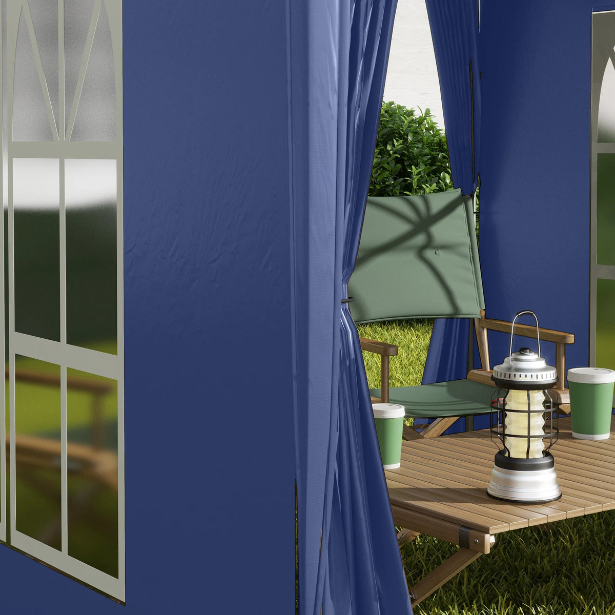 Blue gazebo side with window panel and curtained opening, showing outdoor table
