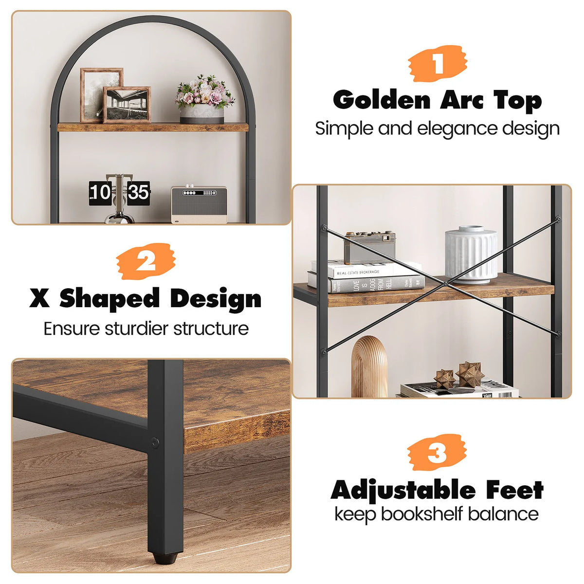 Industrial arched top bookcase with cross-braced sides and adjustable feet