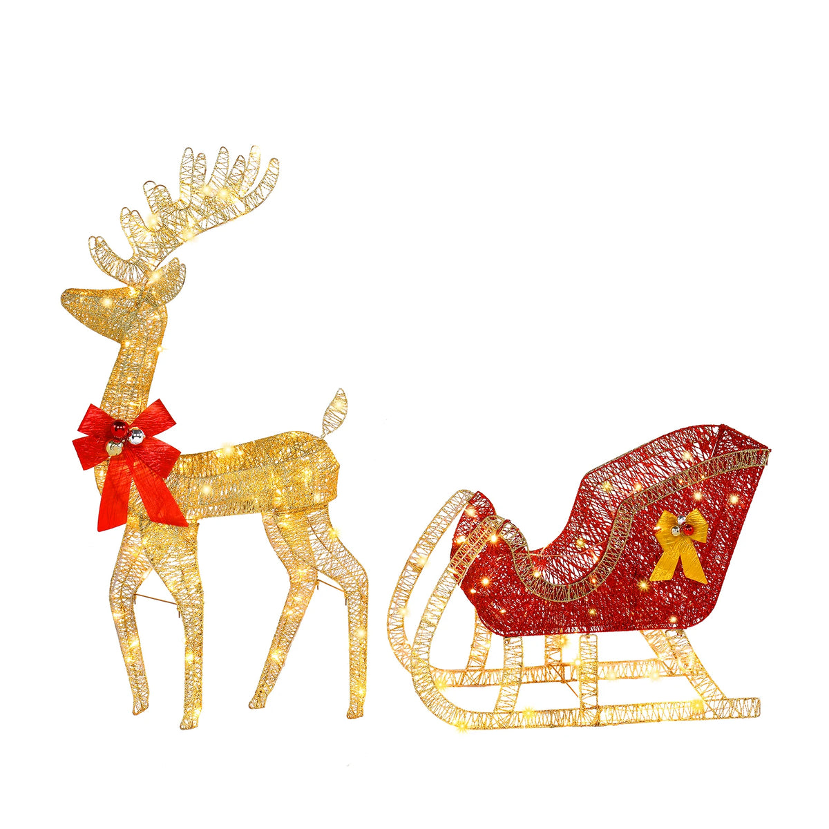 Golden reindeer pair and red sleigh ornament with red bows and warm white lights