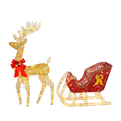 Golden reindeer pair and red sleigh ornament with red bows and warm white lights