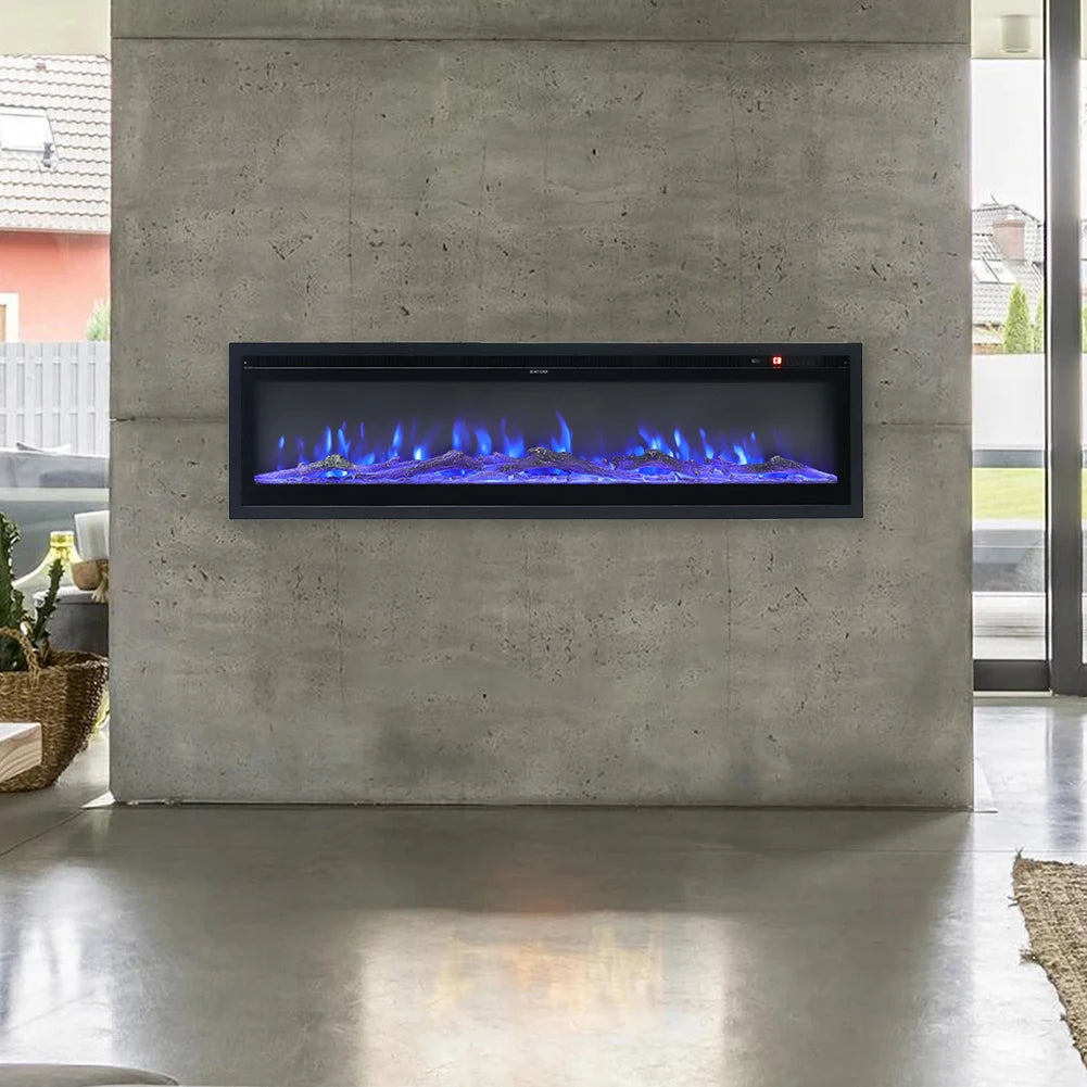 Wall-mounted recessed electric fireplace with blue LED flame glow in a concrete surround