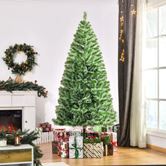 Green artificial Christmas tree on metal stand, full and unlit.