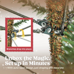 Full spruce Christmas tree, green branches with metal support and gold tinsel