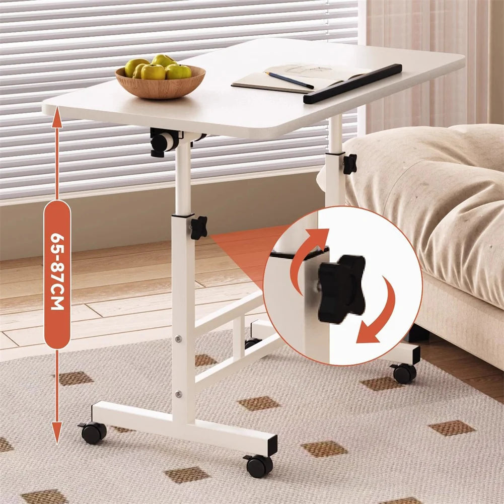 White height-adjustable rolling desk with caster wheels and foldable safety panel
