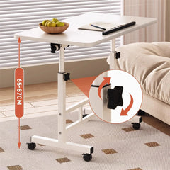 White height-adjustable rolling desk with caster wheels and foldable safety panel