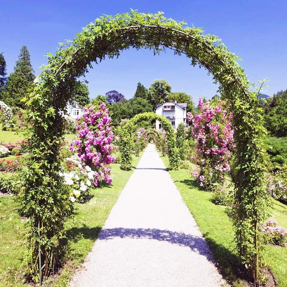 Black metal rose archway trellis forming an arched walkway with side trellis rails