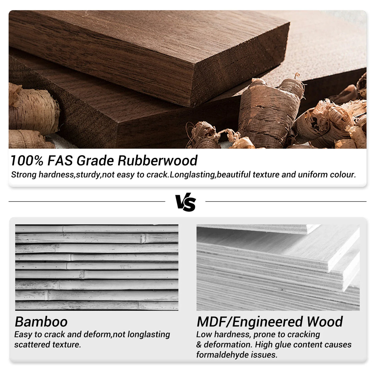 Rubberwood-style tabletop board detail with visible grain and dark edging