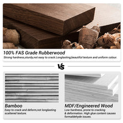 Rubberwood-style tabletop board detail with visible grain and dark edging