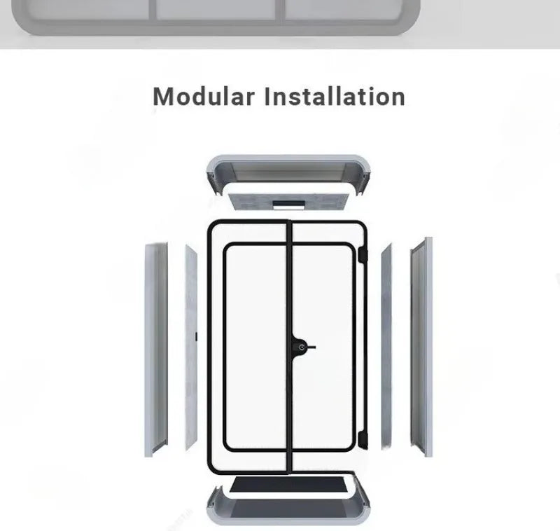 Portable office pod with modular installation design shown with side and front components