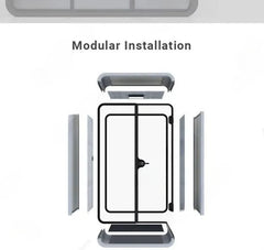 Portable office pod with modular installation design shown with side and front components