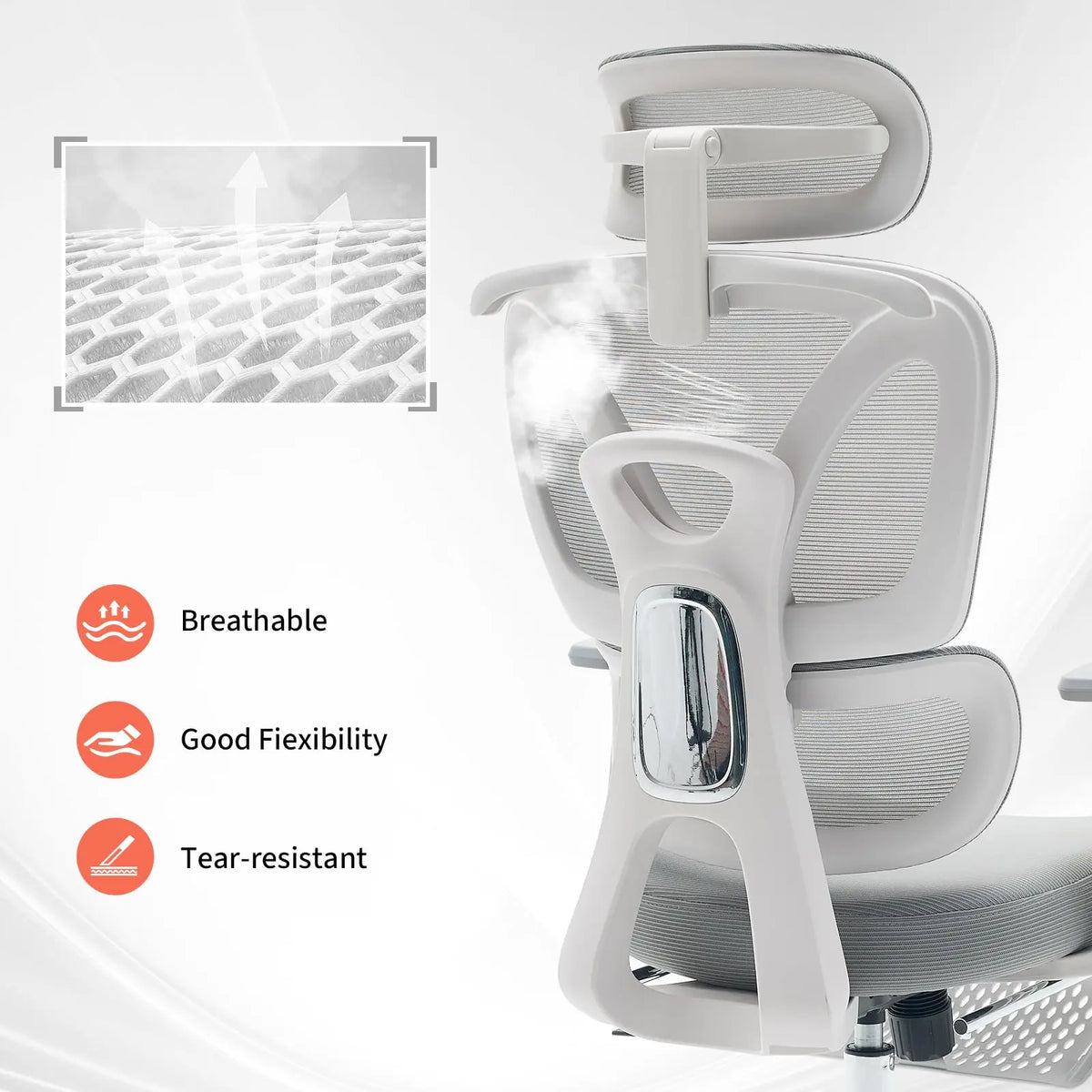 White mesh office chair back with breathable perforated design and adjustable headrest